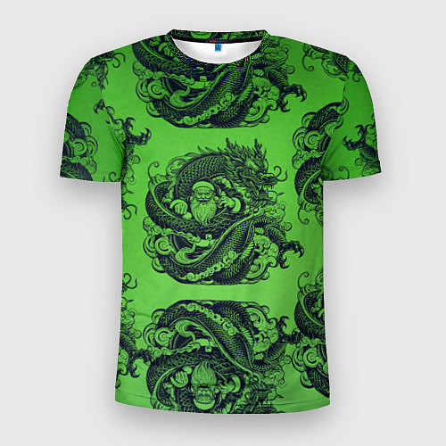 Мужская спорт-футболка Дракон и Дед Мороз паттерн на зеленом / 3D-принт – фото 1