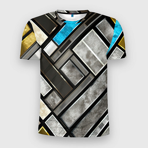 Мужская спорт-футболка Серые квадраты с голубой вставкой / 3D-принт – фото 1