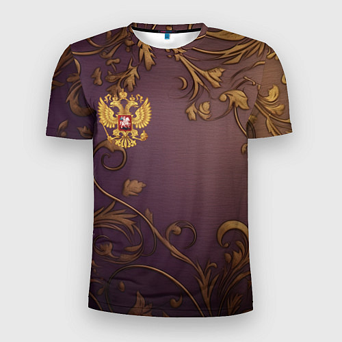 Мужская спорт-футболка Герб России золотой на фиолетовом фоне / 3D-принт – фото 1