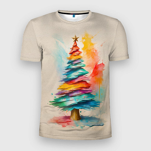 Мужская спорт-футболка Новогодняя ель акварелью на холсте / 3D-принт – фото 1