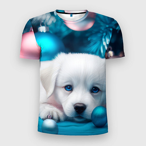 Мужская спорт-футболка Белый щенок с розовыми и голубыми шариками / 3D-принт – фото 1