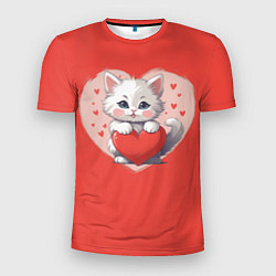 Мужская спорт-футболка Мультяшный котенок держит красное сердечко