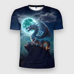 Мужская спорт-футболка Дракон на скале на фоне луны