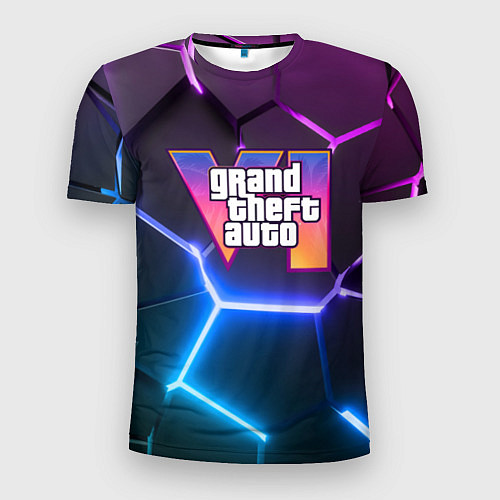 Мужская спорт-футболка GTA 6 лого на фоне разлома фиолетовых и синих плит / 3D-принт – фото 1