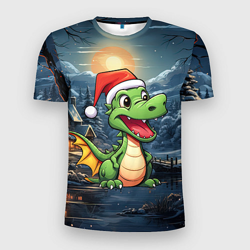Мужская спорт-футболка Зеленый дракон на новогоднем фоне / 3D-принт – фото 1