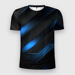 Футболка спортивная мужская Синий неоновый яркий свет на черном абстрактном фо, цвет: 3D-принт