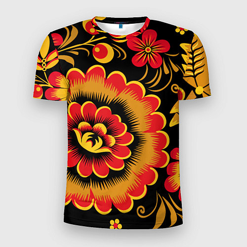Мужская спорт-футболка Хохломская роспись красно-жёлтые цветы на чёрном ф / 3D-принт – фото 1