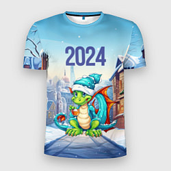 Мужская спорт-футболка Дракон новогодний в синей шапке