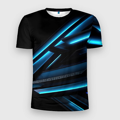 Мужская спорт-футболка Черная абстракция с синим неоновым ярким свечением / 3D-принт – фото 1
