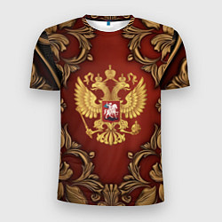 Мужская спорт-футболка Золотой герб России на красном фоне лепнина