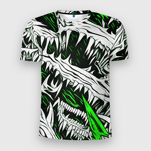 Мужская спорт-футболка Белые шипы и зелёные полосы на чёрном фоне / 3D-принт – фото 1