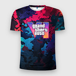 Мужская спорт-футболка GTA 6 logo яркий неоновый камуфляжный стиль