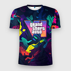 Мужская спорт-футболка GTA 6 logo яркий неоновый камуфляжный стиль