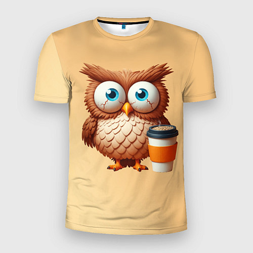 Мужская спорт-футболка Растрепанная сова со стаканчиком кофе / 3D-принт – фото 1