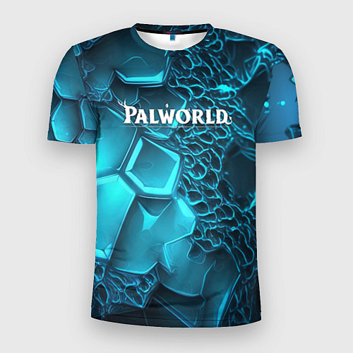 Мужская спорт-футболка Palworld логотип на ярких синих неоновых плитах / 3D-принт – фото 1