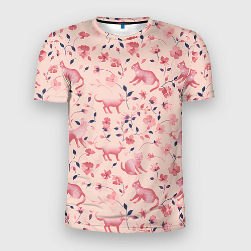 Мужская спорт-футболка Розовый паттерн с цветами и котиками / 3D-принт – фото 1