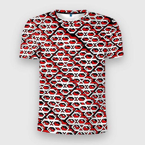 Мужская спорт-футболка Красно-белый узор на чёрном фоне / 3D-принт – фото 1