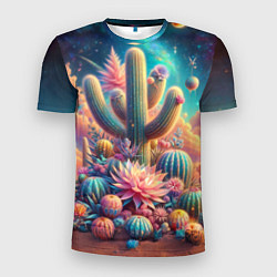 Мужская спорт-футболка Кактусы цветущие под космическим небом