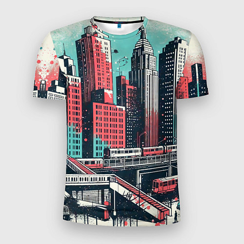 Мужская спорт-футболка Силуэты небоскребов в брызгах красной и голубой кр / 3D-принт – фото 1