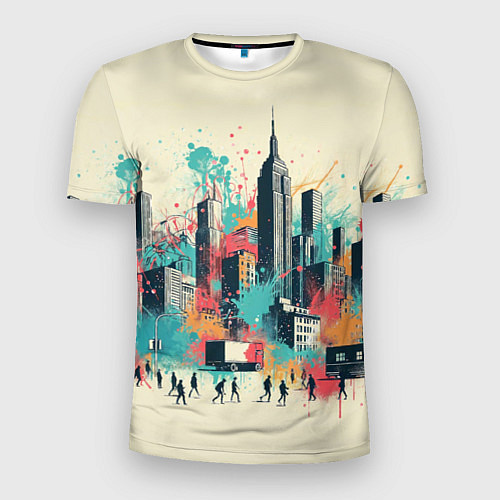 Мужская спорт-футболка Силуэты людей и небоскребов в брызгах краски / 3D-принт – фото 1