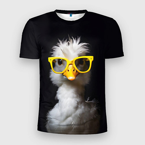 Мужская спорт-футболка Белый гусь в желтых очках на черном фоне / 3D-принт – фото 1