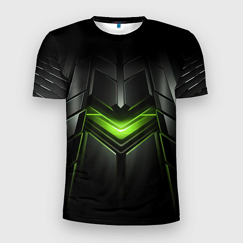 Мужская спорт-футболка Объемная абстрактная яркая зеленая фигура на черно / 3D-принт – фото 1