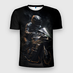 Мужская спорт-футболка Мотоциклист на спортивном байке черный фон