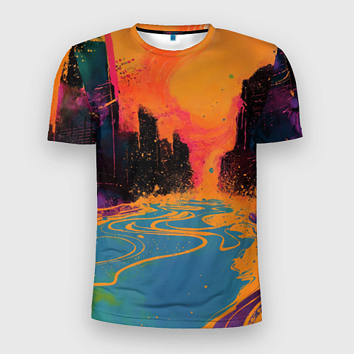 Мужская спорт-футболка Абстрактная городская улица со зданиями и река / 3D-принт – фото 1