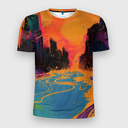 Мужская спорт-футболка Абстрактная городская улица со зданиями и река