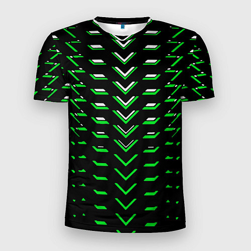 Мужская спорт-футболка Зелёно-белые полосы на чёрном фоне / 3D-принт – фото 1
