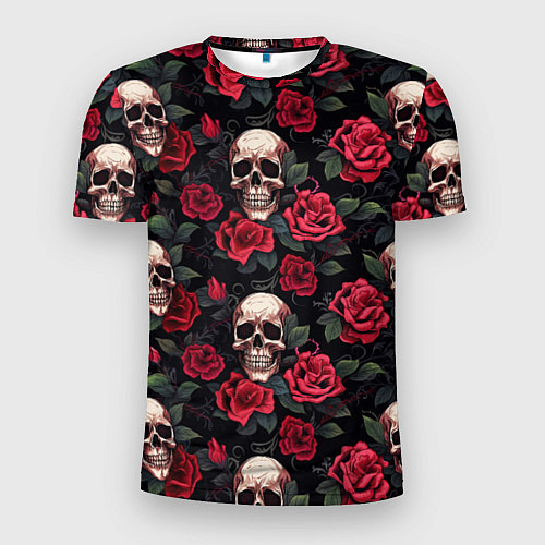 Мужская спорт-футболка Черепа и алые розы / 3D-принт – фото 1