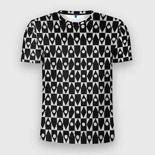 Мужская спорт-футболка Чёрно-белые ромбы и круги на чёрном фоне / 3D-принт – фото 1