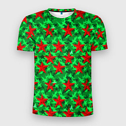 Мужская спорт-футболка Красные звезды победы на зеленом камуфляже