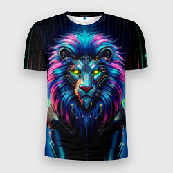 Мужская спорт-футболка Неоновый лев в стиле киберпанк