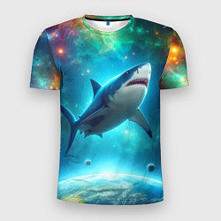Мужская спорт-футболка Большая белая акула в космическом пространстве