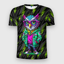 Мужская спорт-футболка Модная сова и зеленые молнии