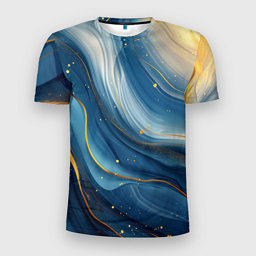 Мужская спорт-футболка Золотая волнистая текстура на синей ткани / 3D-принт – фото 1