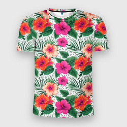 Футболка спортивная мужская Цветы гибискуса и листья мальмы летний тропический, цвет: 3D-принт