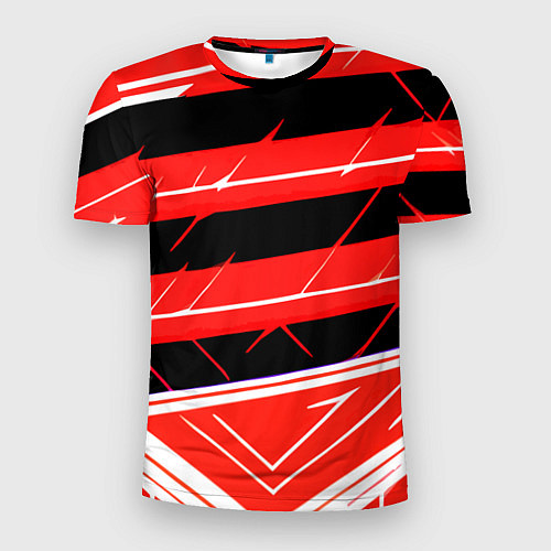 Мужская спорт-футболка Чёрно-белые полосы на красном фоне / 3D-принт – фото 1