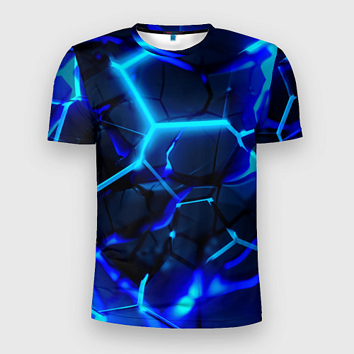 Мужская спорт-футболка Яркие голубые неоновые плиты в разломе / 3D-принт – фото 1