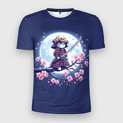 Мужская спорт-футболка Котёнок самурай - цветущая сакура