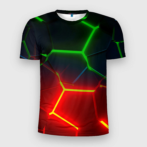 Мужская спорт-футболка Зеленые и красные неоновые плиты в разломе / 3D-принт – фото 1