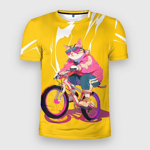 Мужская спорт-футболка Кот на велосипеде жёлтый фон / 3D-принт – фото 1
