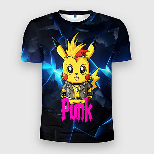 Мужская спорт-футболка Пикачу панк на фоне синего разлома / 3D-принт – фото 1