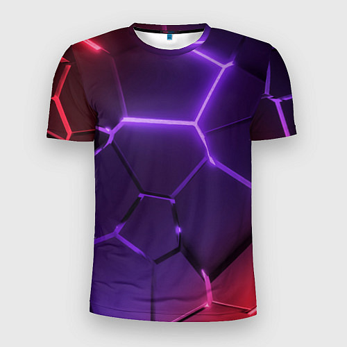 Мужская спорт-футболка Красно-фиолетовые неоновые плиты в разломе / 3D-принт – фото 1