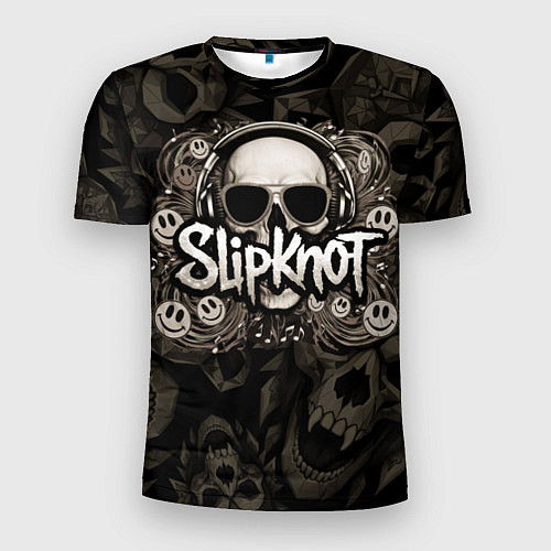 Мужская спорт-футболка Slipknot на фоне черепа в очках и наушниках / 3D-принт – фото 1