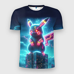 Футболка спортивная мужская Пикадзила на крыше небоскрёба - неоновое свечение:, цвет: 3D-принт