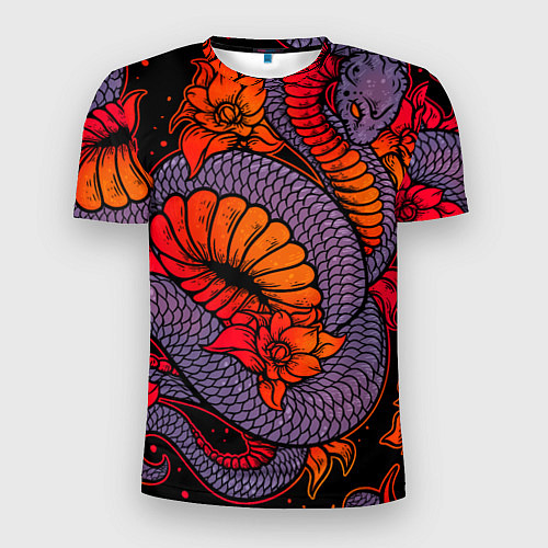 Мужская спорт-футболка Цветы и змея - Японский стиль / 3D-принт – фото 1