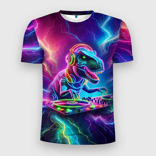 Мужская спорт-футболка Tyrannosaur DJ - neon glow / 3D-принт – фото 1