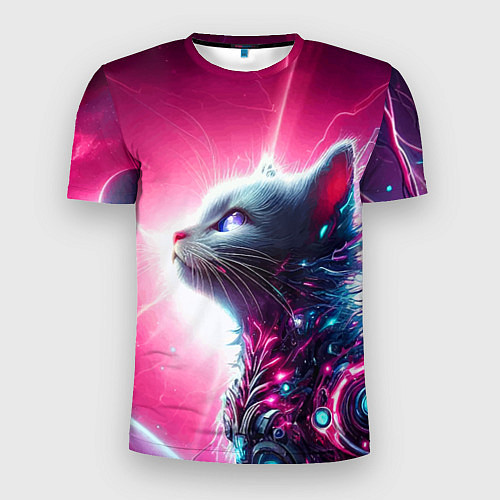 Мужская спорт-футболка Космический кибер котёнок - неоновое свечение / 3D-принт – фото 1